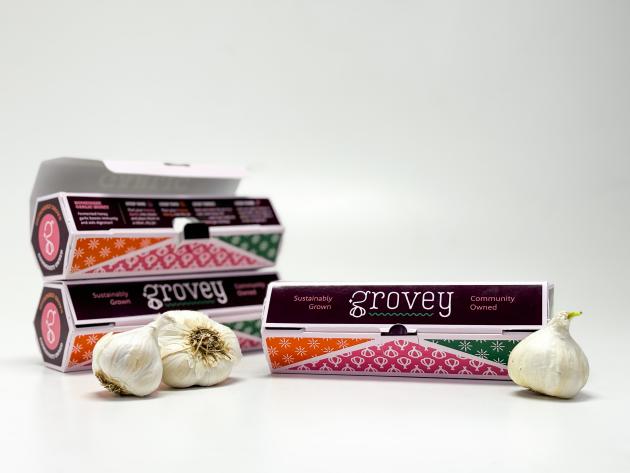 Purple, pink, orange and green paperboard packaging for garlic. Bulbs of garlic are placed around the packaging.